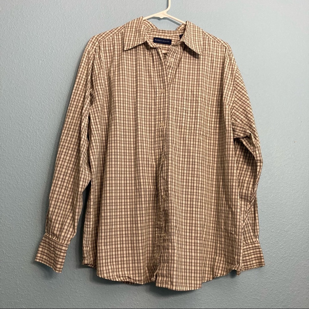 Karen Scott Plaid Buttondown Shirt - 100% Cotton - XL - Cream